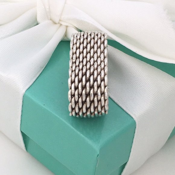 Size 9 Tiffany & Co Sterling Silver Somerset Mesh Weave Unisex Ring - Picture 5 of 5